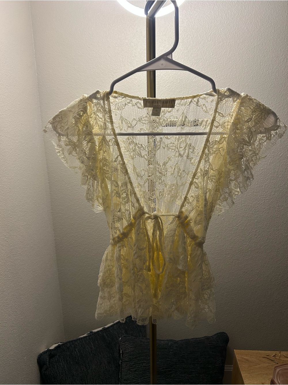 Sheer Lace Tie-Front Blouse in Cream - Women's Top